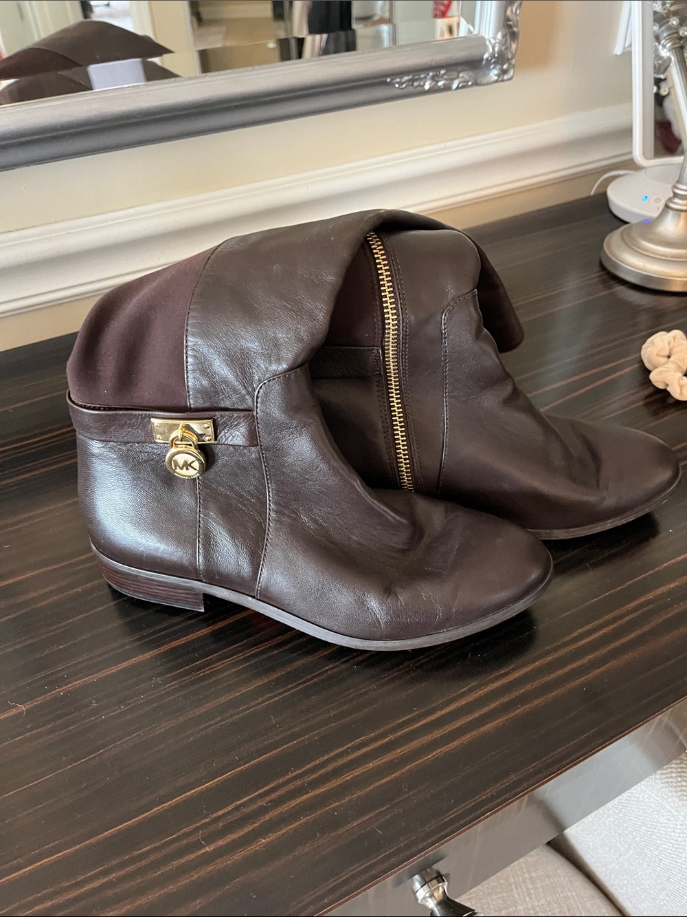 Michael Kors Brown Leather Fold-Over Ankle Boots with Gold Hardware